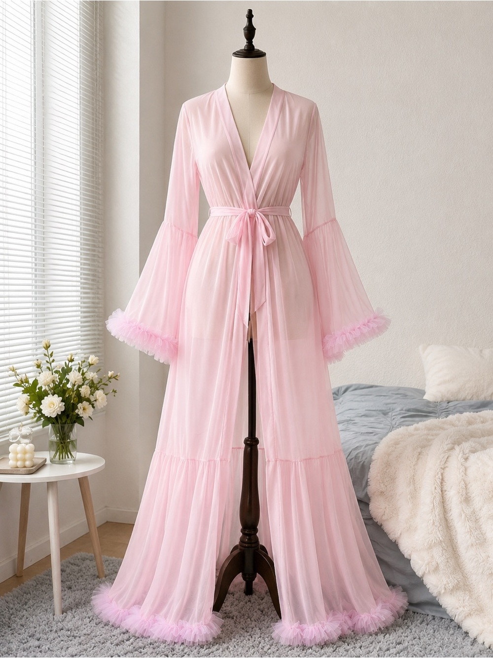 Blush Pink Crystal Ruffle Trim Maxi Robe – Bell Sleeve Bridal Loungewear